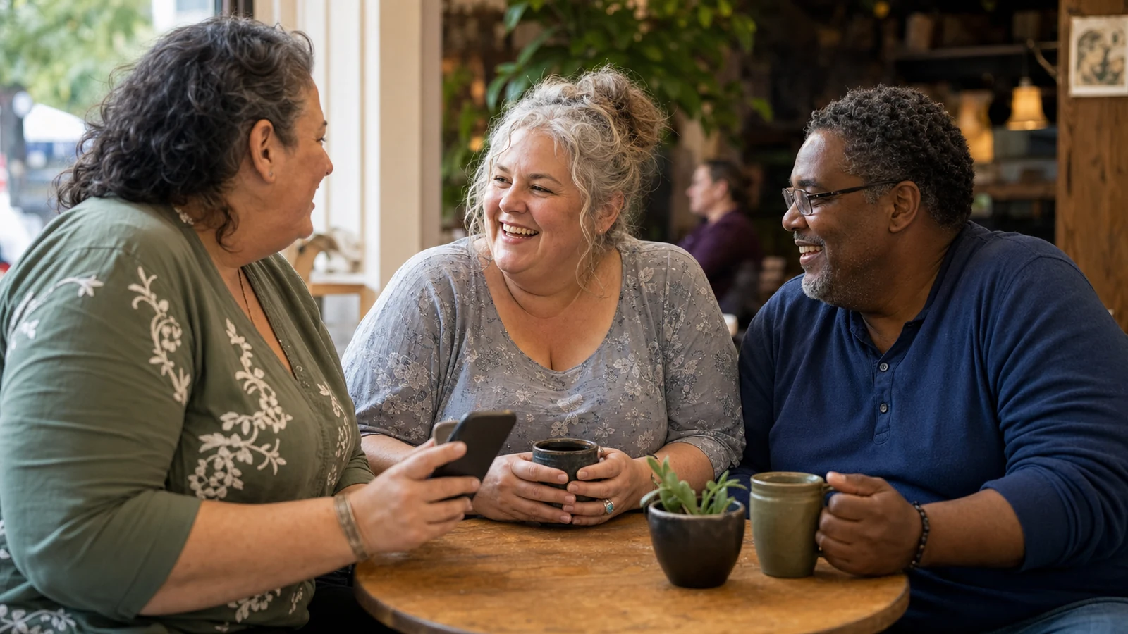 Three plus-size adults over 45 talking together at a neighborhood cafe