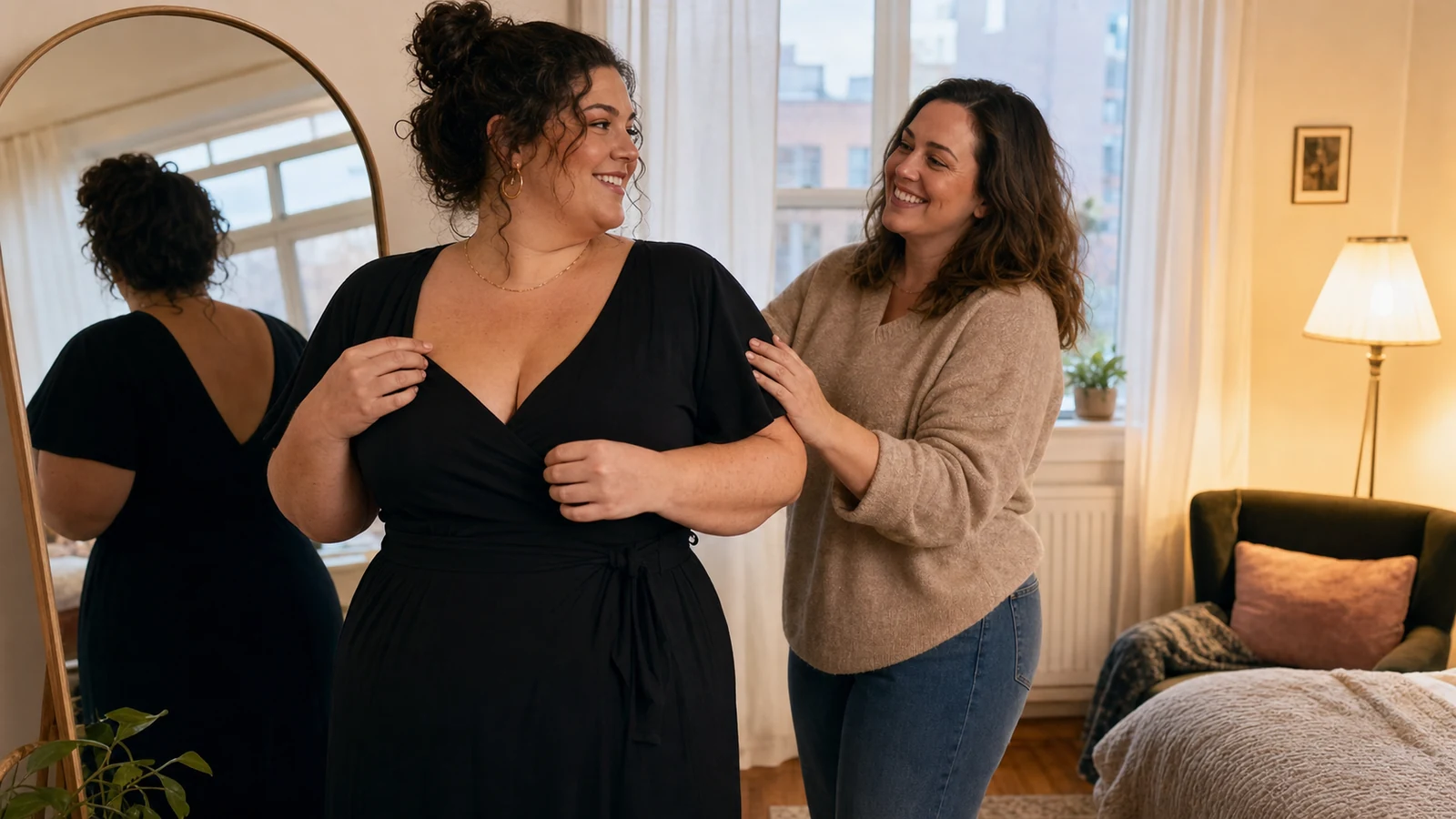 Plus-size woman getting ready for a date with a supportive friend