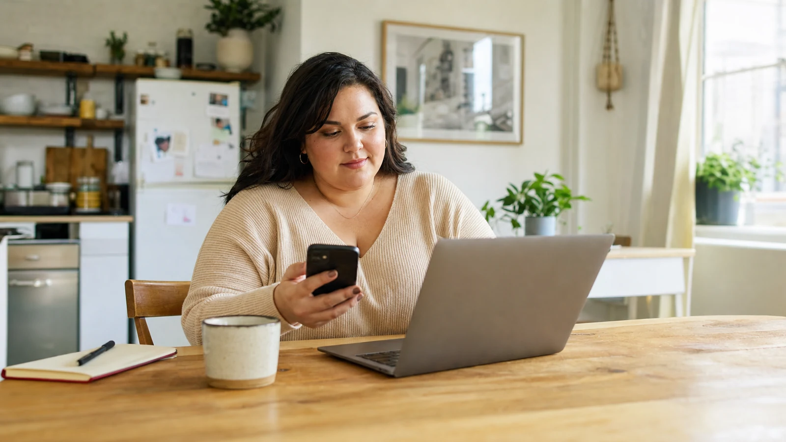 Plus-size woman comparing dating options on her phone and laptop